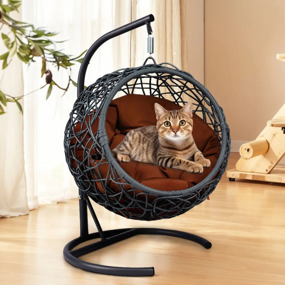 Indoor Cat Swing Bed with Stand and Cushion - Rattan Wicker Style Hanging Chair for Cats, Small Dogs, and Small Animals in Gray