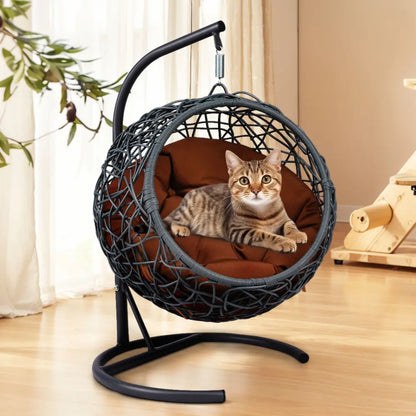 Indoor Cat Swing Bed with Stand and Cushion - Rattan Wicker Style Hanging Chair for Cats, Small Dogs, and Small Animals in Gray