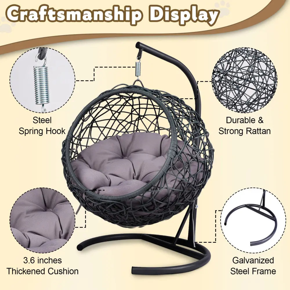 Indoor Cat Swing Bed with Stand and Cushion - Rattan Wicker Style Hanging Chair for Cats, Small Dogs, and Small Animals in Gray