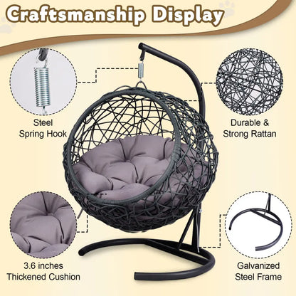 Indoor Cat Swing Bed with Stand and Cushion - Rattan Wicker Style Hanging Chair for Cats, Small Dogs, and Small Animals in Gray