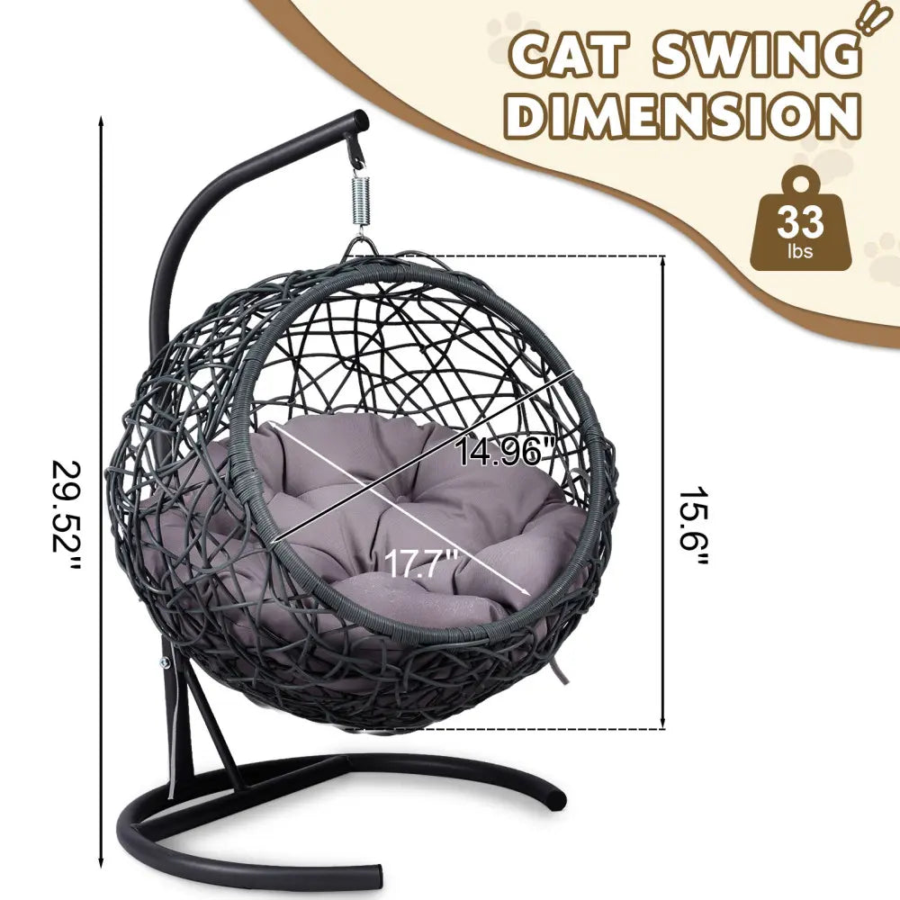 Indoor Cat Swing Bed with Stand and Cushion - Rattan Wicker Style Hanging Chair for Cats, Small Dogs, and Small Animals in Gray