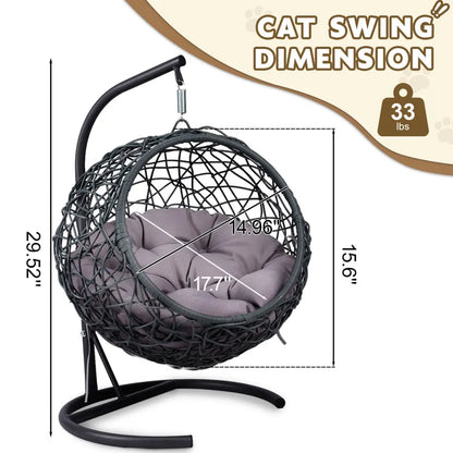 Indoor Cat Swing Bed with Stand and Cushion - Rattan Wicker Style Hanging Chair for Cats, Small Dogs, and Small Animals in Gray