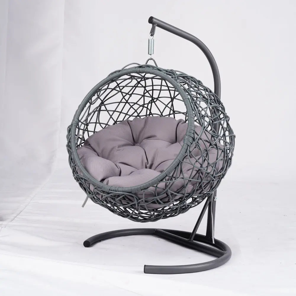 Indoor Cat Swing Bed with Stand and Cushion - Rattan Wicker Style Hanging Chair for Cats, Small Dogs, and Small Animals in Gray