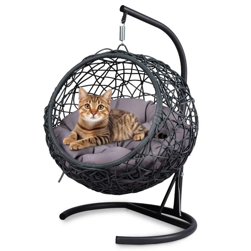 Indoor Cat Swing Bed with Stand and Cushion - Rattan Wicker Style Hanging Chair for Cats, Small Dogs, and Small Animals in Gray