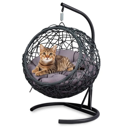 Indoor Cat Swing Bed with Stand and Cushion - Rattan Wicker Style Hanging Chair for Cats, Small Dogs, and Small Animals in Gray