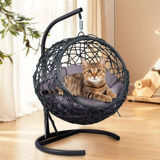 Indoor Cat Swing Bed with Stand and Cushion - Rattan Wicker Style Hanging Chair for Cats, Small Dogs, and Small Animals in Gray